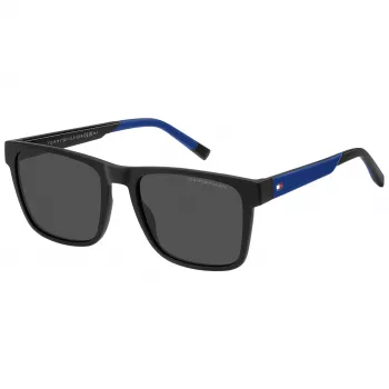 TOMMY HILFIGER TH-2144-S-D51 Vīriešu taisnstūra saulesbrilles - Melns acetāta rāmis, pelēkas polikarbonāta lēcas 55/19/145 mm