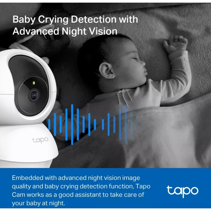 TP-Link Tapo C200C grozāma un noliecama mājas drošības Wi-Fi kamera, 2 MP 1080p Full HD, 360° horizontāli / 114° vertikāli, divvirzienu audio, nakts redzamība līdz 12 m, microSD līdz 512 GB, baltā krāsā