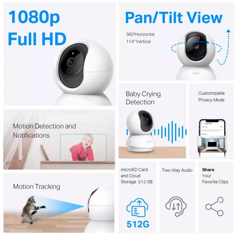 TP-Link Tapo C200C grozāma un noliecama mājas drošības Wi-Fi kamera, 2 MP 1080p Full HD, 360° horizontāli / 114° vertikāli, divvirzienu audio, nakts redzamība līdz 12 m, microSD līdz 512 GB, baltā krāsā