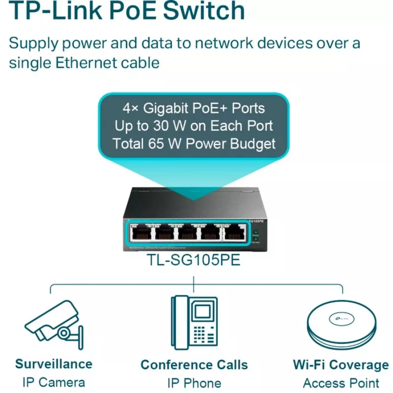 TP-Link TL-SG105PE Easy Smart Gigabit Switch ar 4 PoE+ portiem