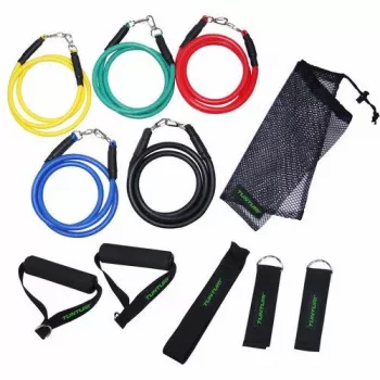 Tunturi Exercise Multifunctional Resistance Band Set - 5 krāsu kodētas pretestības lentes ar rokturiem, potīšu siksnām, durvju enkuru un somu