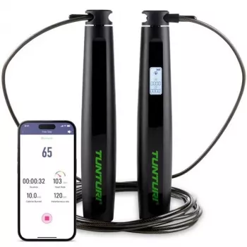 Tunturi Smart Jump Rope ar LCD displeju un lietotnes savienojumu, regulējama 2,95 m, melna