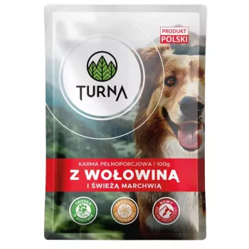 TURNA Slapjā suņu barība ar liellopu gaļu – 100 g maisiņš (Pilnvērtīga un sabalansēta barība pieaugušiem suņiem)
