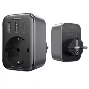 UGREEN CD314 30W GaN lādētājs ar 2 USB-A, 1 USB-C un 1 AC kontaktligzdu, EU spraudnis, melns