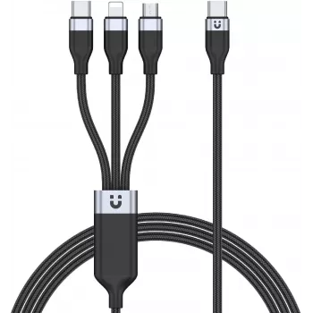 UNITEK 3-in-1 USB-A uz Lightning, USB-C, Micro USB neilona pītā uzlādes kabelis 1.2m Melns