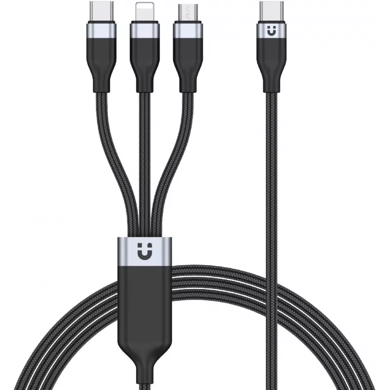 UNITEK 3-in-1 USB-A uz Lightning, USB-C, Micro USB neilona pītā uzlādes kabelis 1.2m Melns
