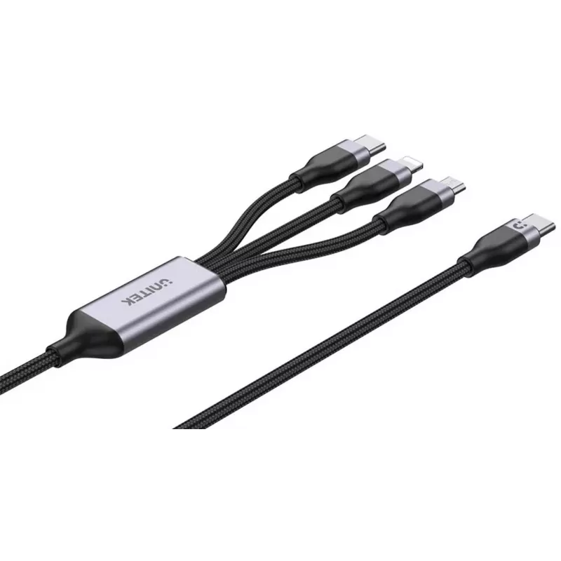 UNITEK 3-in-1 USB-A uz Lightning, USB-C, Micro USB neilona pītā uzlādes kabelis 1.2m Melns