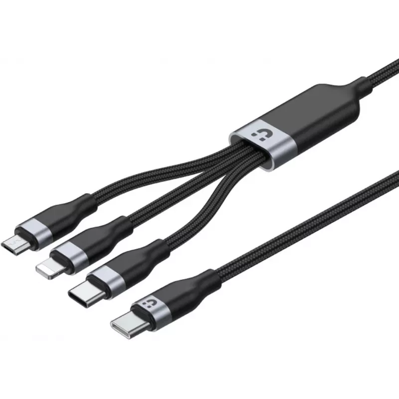 UNITEK 3-in-1 USB-A uz Lightning, USB-C, Micro USB neilona pītā uzlādes kabelis 1.2m Melns