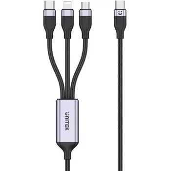 UNITEK 3-in-1 USB-A uz Lightning, USB-C, Micro USB neilona pītā uzlādes kabelis 1.2m Melns
