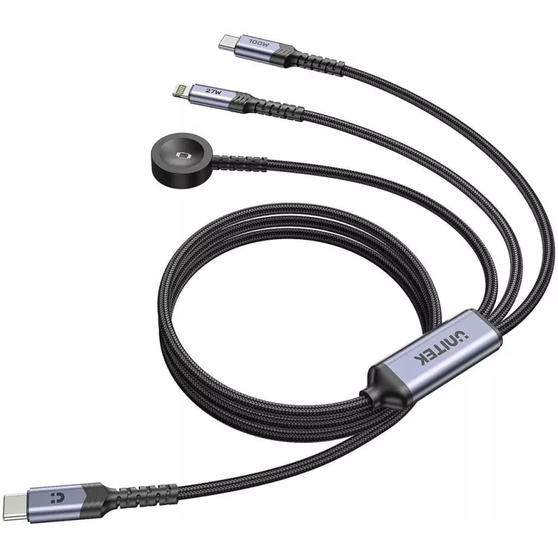 UNITEK 3-in-1 USB-C + Lightning + Apple Watch lādēšanas kabelis, 100W PD, 480 Mbps, 1.2m, melns