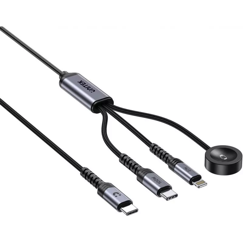 UNITEK 3-in-1 USB-C + Lightning + Apple Watch lādēšanas kabelis, 100W PD, 480 Mbps, 1.2m, melns