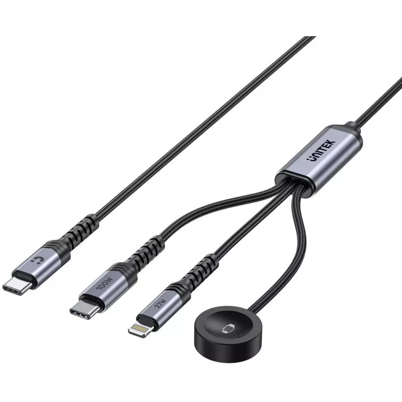 UNITEK 3-in-1 USB-C + Lightning + Apple Watch lādēšanas kabelis, 100W PD, 480 Mbps, 1.2m, melns