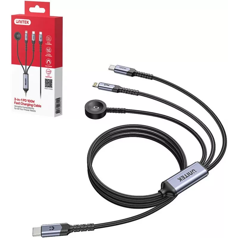 UNITEK 3-in-1 USB-C + Lightning + Apple Watch lādēšanas kabelis, 100W PD, 480 Mbps, 1.2m, melns