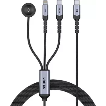 UNITEK 3-in-1 USB-C + Lightning + Apple Watch lādēšanas kabelis, 100W PD, 480 Mbps, 1.2m, melns
