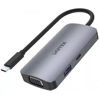 Unitek D1051A USB-C centrmezgls ar 1x USB 3.0, VGA, 2x HDMI, Power Delivery un MST