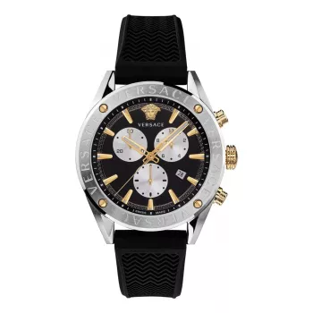 VERSACE V-Race vīriešu Šveices kvarca hronogrāfa pulkstenis VEHB00119 - 44mm, melns ciparnīcas, sudraba toņa nerūsējošā tērauda rokassprādze