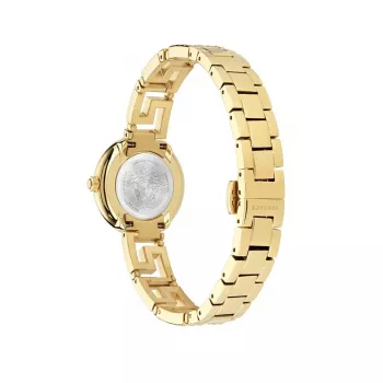Versace sieviešu VE7A00323 28mm Šveices kvarca pulkstenis ar baltu ciparnīcu un melnu ādas siksnu