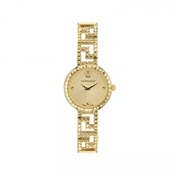Versace sieviešu VE7A00323 28mm Šveices kvarca pulkstenis ar baltu ciparnīcu un melnu ādas siksnu