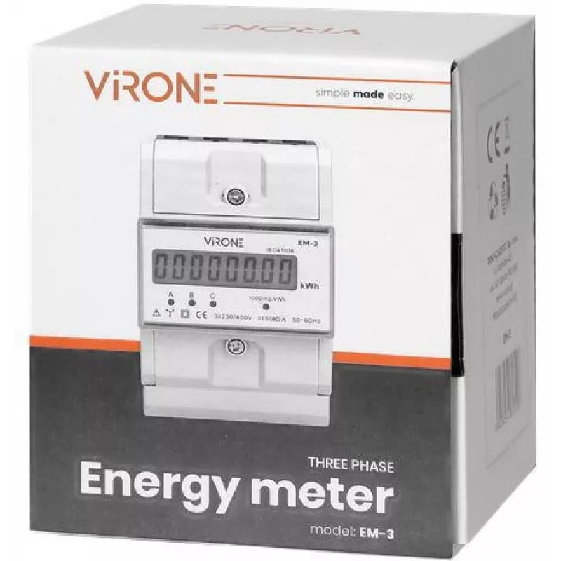 Virone EM-3 Trīsfāzu enerģijas skaitītājs, 80A, 3 moduļi, DIN sliedei TH-35mm