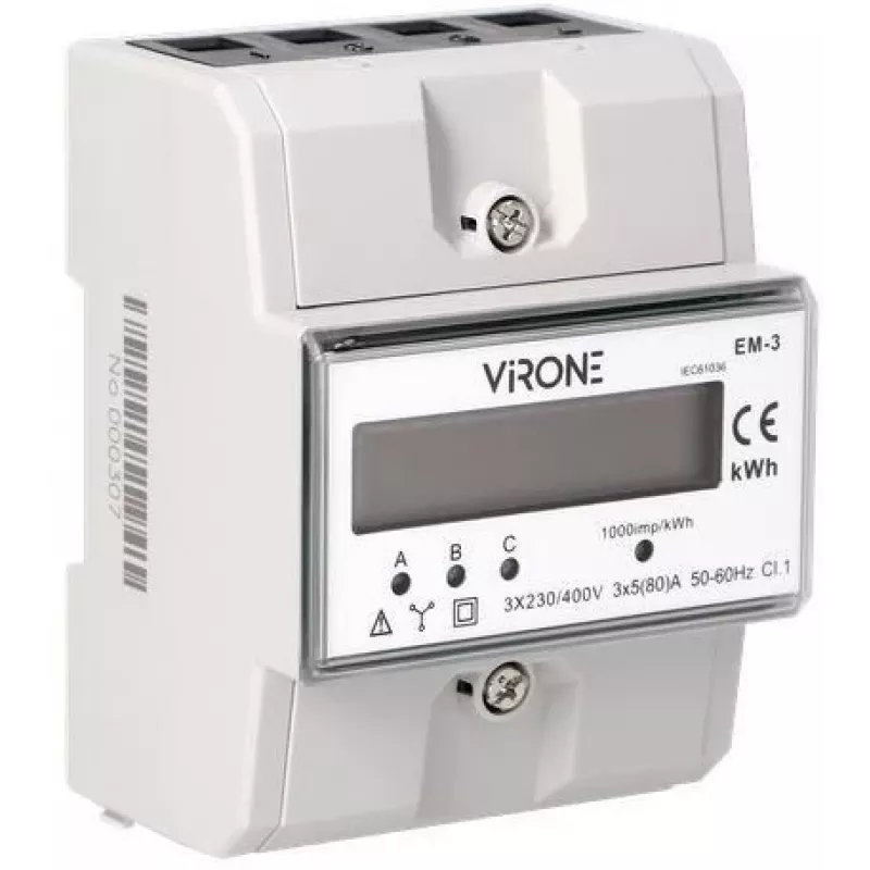 Virone EM-3 Trīsfāzu enerģijas skaitītājs, 80A, 3 moduļi, DIN sliedei TH-35mm