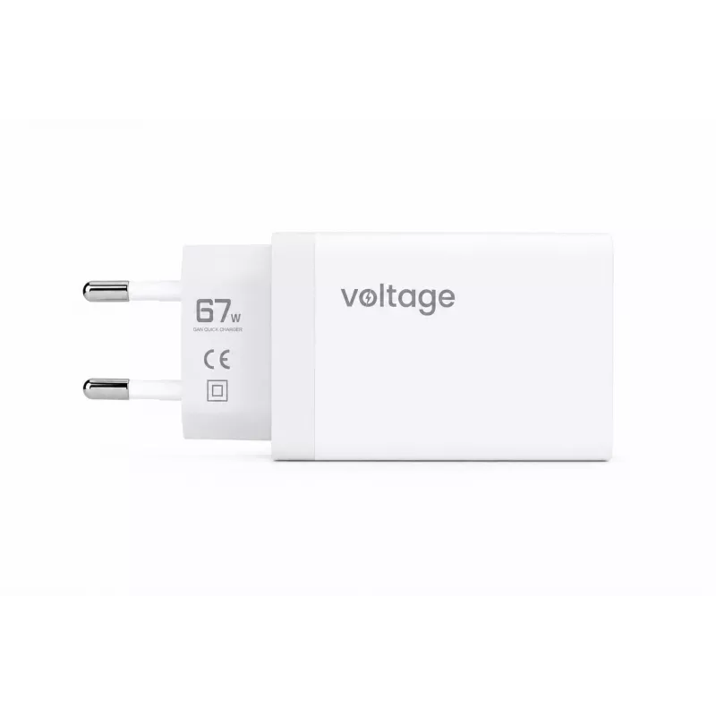 Voltage GaN 67W sienas lādētājs, 2x USB-C un 1x USB-A, PD 3.0, QC 3.0, PPS, EU spraudnis, balts