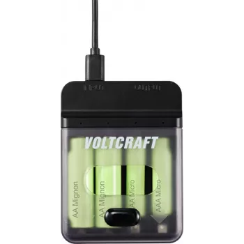 Voltcraft VC-BC4-PB1 2-in-1 NiMH akumulatoru lādētājs un power banka 4x AA/AAA, 500mA, USB-C ieeja, USB-A izeja, melns