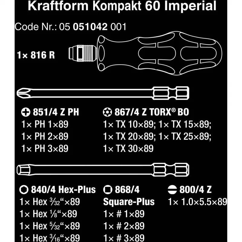 Wera 17 gabalu Kraftform Kompakt 60 uzgaļu komplekts, spraugu, Phillips, Pozidriv, TORX BO 05051042001