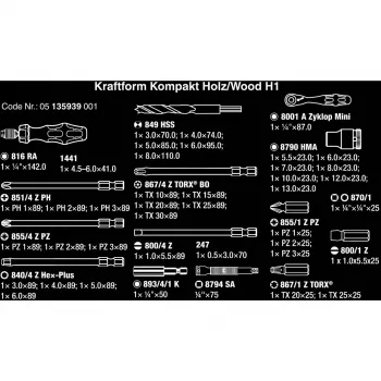 Wera Kraftform Kompakt H 1 Woodcraft skrūvgrieža rokturis ar 12 jauktiem uzgaļiem - Hex, Phillips, Pozidriv, Torx