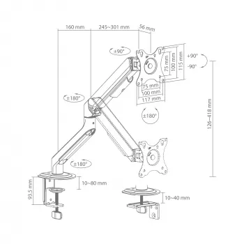 White Shark AKHENATEN I GMS-3209 Gāzes atsperes monitora roka – vienam monitoram 17–32 collas, 9 kg, VESA 75/100, skrūvējams/galda cauruma stiprinājums, melna