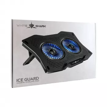 White Shark ICE GUARD GCP-4 dzesēšanas paliktnis ar diviem 125 mm ziliem LED ventilatoriem, 5 augstuma pozīcijām, līdz 17.3 collām