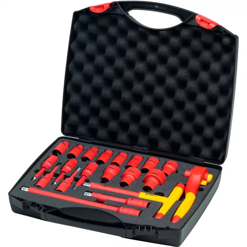 Wiha 43024 izolēts sprūdrata un uzgaļu komplekts, 1/2 collu piedziņa, 21 daļa, VDE sertificēts, sarkans/dzeltens