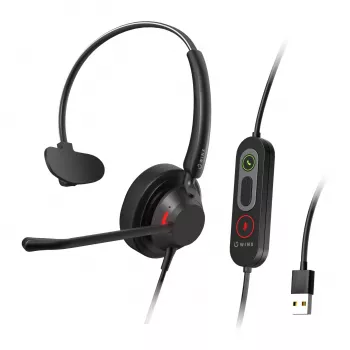 WINX CALL Pro 2 Mono AI trokšņu slāpējošas austiņas ar USB-A vadu, grozāmu mikrofonu, vadības pogām un mīkstu PU ādas ausu spilventiņu, melna