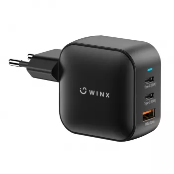 WINX POWER Max 65W GaN sienas lādētājs - 2x USB-C PD, 1x USB-A QC, melns