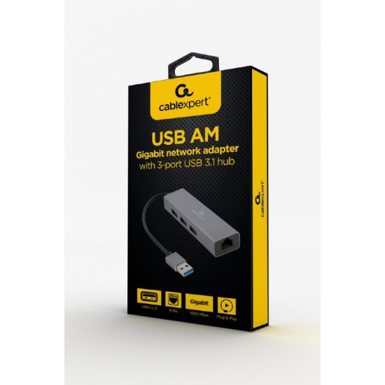 Cablexpert | USB AM Gigabit network adapter with 3-port USB 3.0 hub | A-AMU3-LAN-01 Cablexpert | USB AM Gigabit network adapter with 3-port USB 3.0 hub | A-AMU3-LAN-01