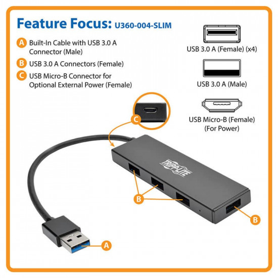 4-Port Ultra-Slim Portable USB 3.0 SuperSpeed Hub U360-004-SLIM