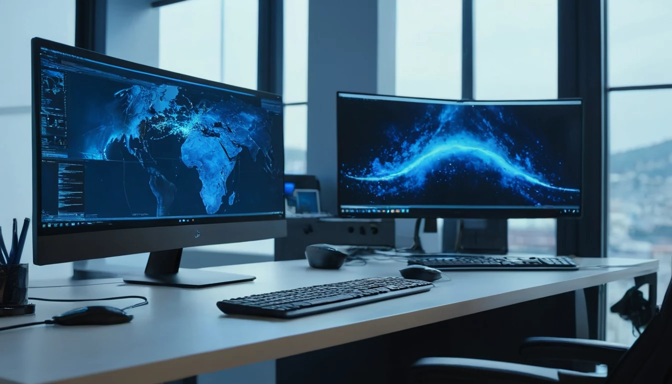 Klēpjdators, kas pa vienu USB-C kabeli pievienots diviem monitoriem