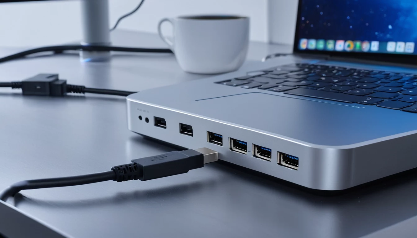 USB-C dokstacija, kas pievienota kabeļiem uz biroja darba galda