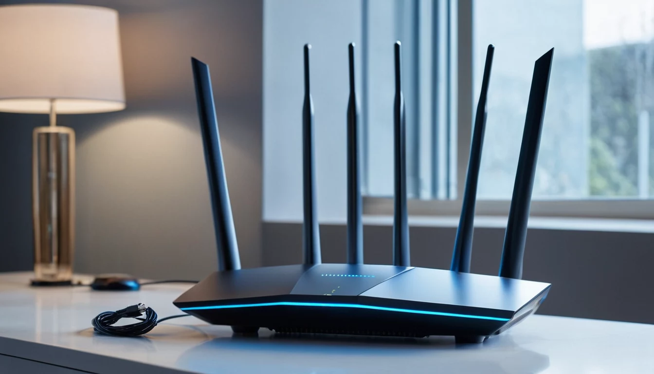 Mūsdienīgs Wi-Fi 7 maršrutētājs uz mājas biroja galda