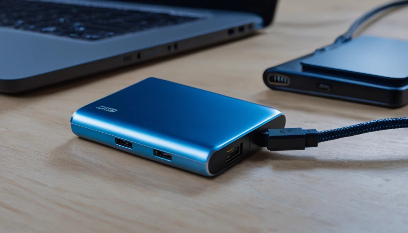 Pārnēsājams ārējais SSD disks, kas pievienots klēpjdatoram