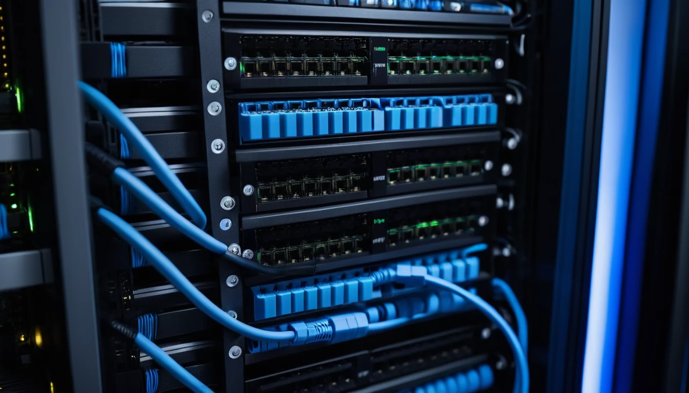 Tīkla statne un komutācijas panelis ar kārtīgi izvietotiem Ethernet kabeļiem