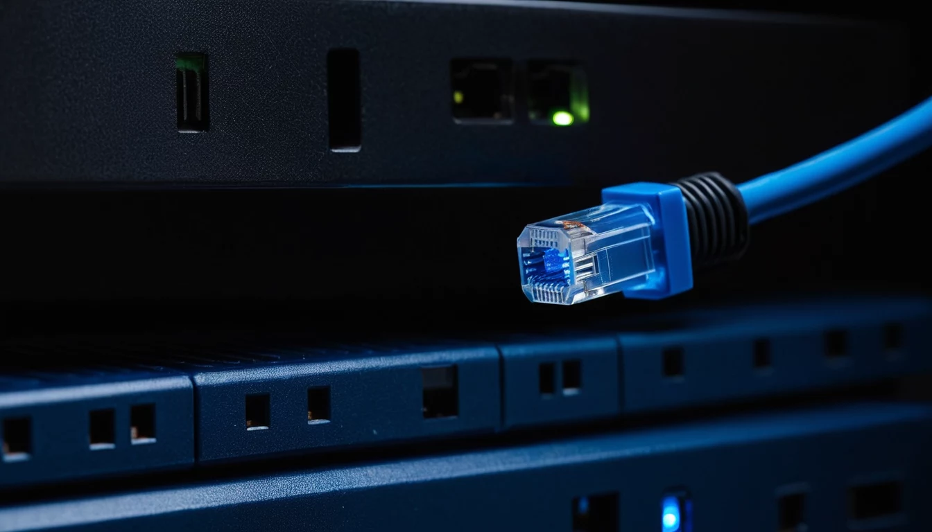 Zils RJ45 Ethernet savienotājs līdzās tīkla komutatoram ar mirdzošām portu gaismas diodēm