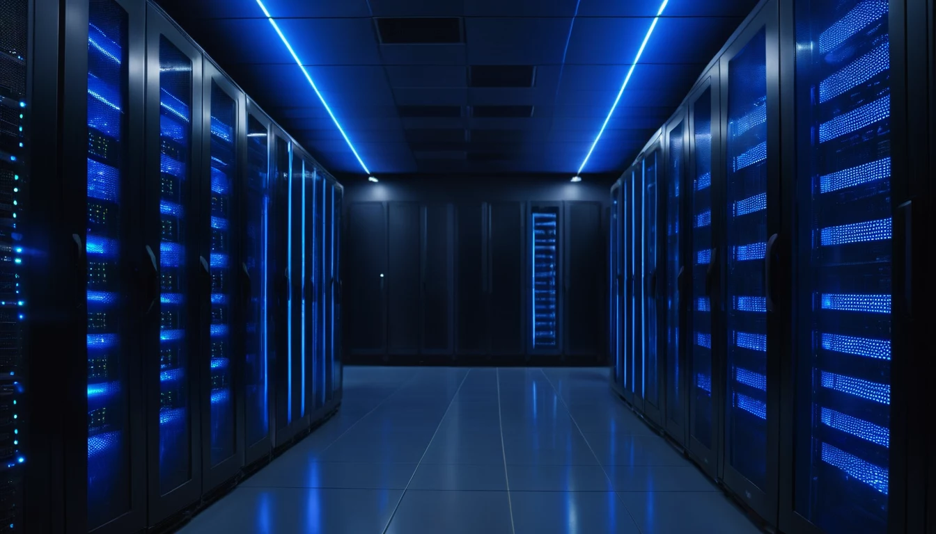 Mūsdienīga datu centra eja ar zilā gaismā izgaismotiem serveru skapjiem