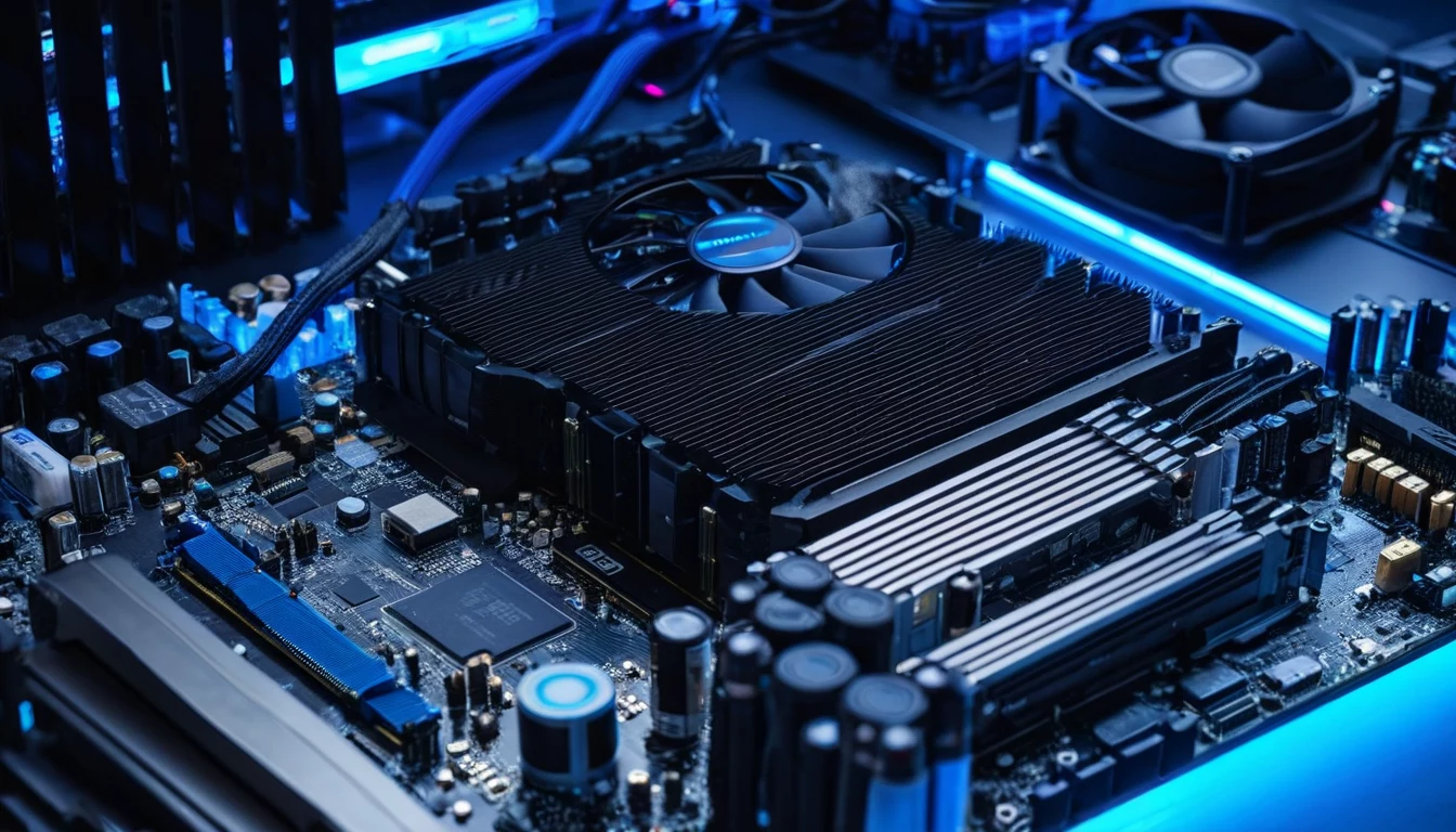 Spēļu datora komponentes, izklātas gatavas montāžai: CPU, GPU, mātesplate, RAM