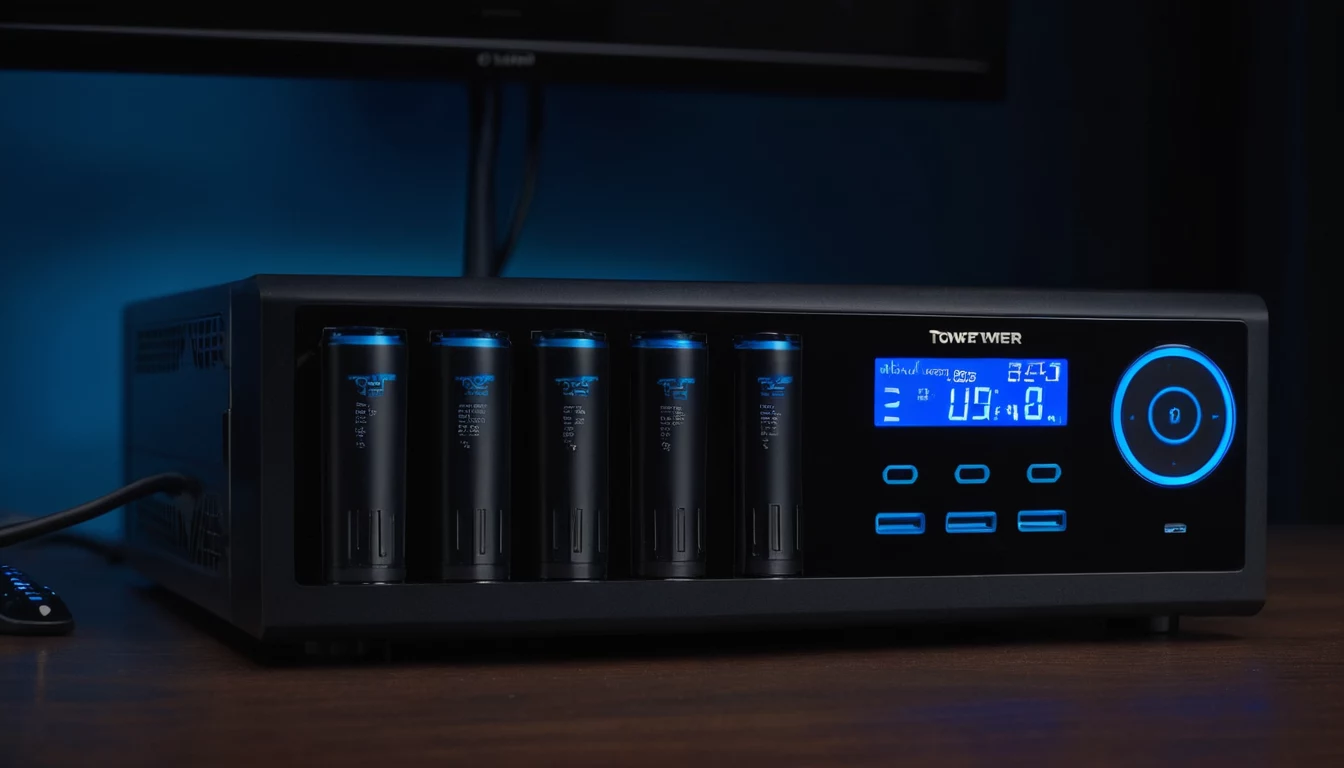 Melns torņa tipa UPS bloks ar spīdošu statusa displeju un strāvas kontaktligzdām