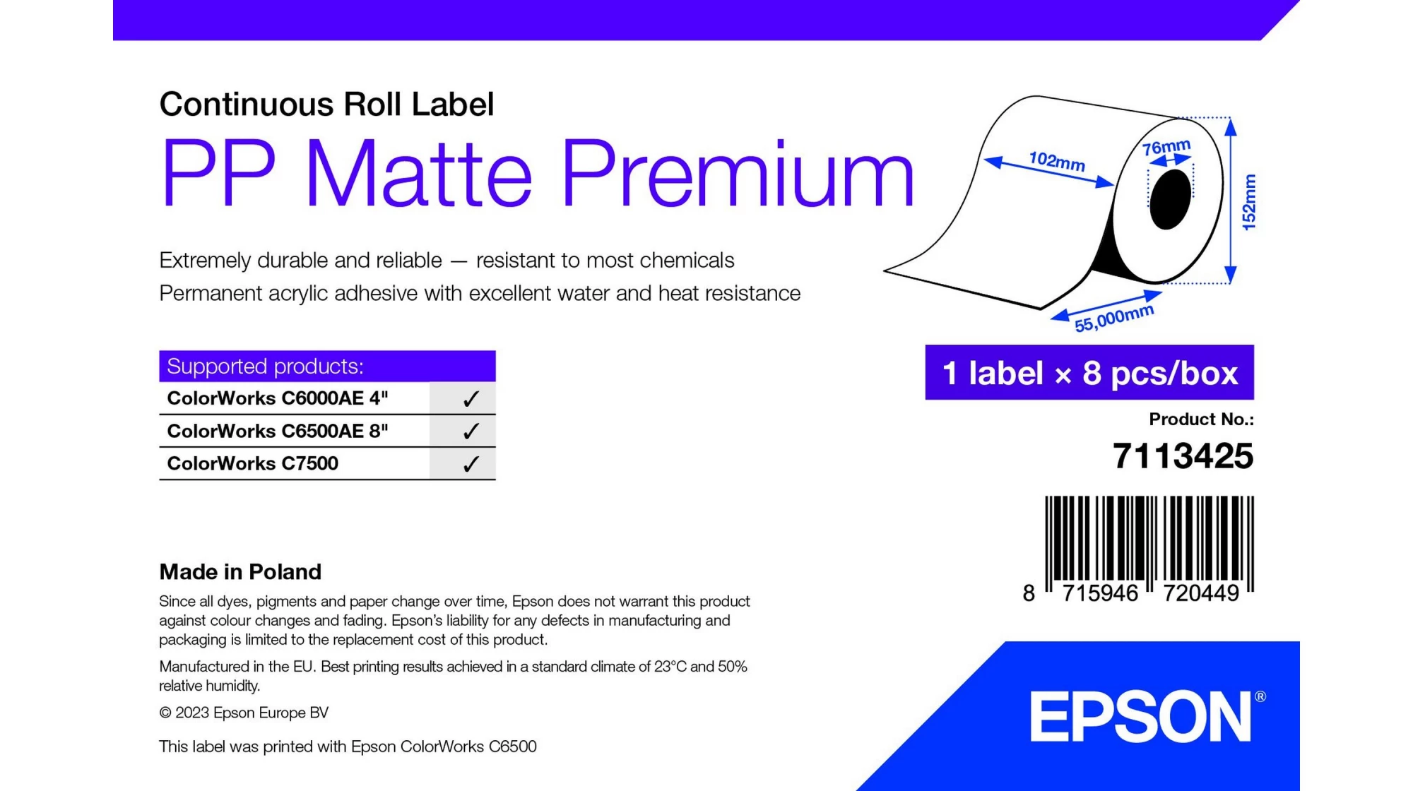 Epson 7113425 pašlīmējošā printera etiķete balta