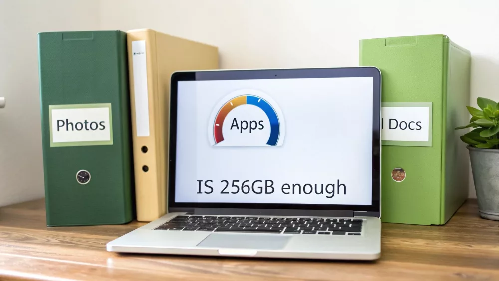 Klēpjdatora ekrānā redzams jautājums 'VAI 256GB PIETIEK' lietotnēm, blakus mapes ar uzrakstiem 'Foto' un 'Dok'.