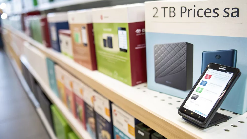 Veikala plaukts ar iepakotiem 2 TB ārējiem cietajiem diskiem un viedtālrunis, kas rāda informāciju par produktu.