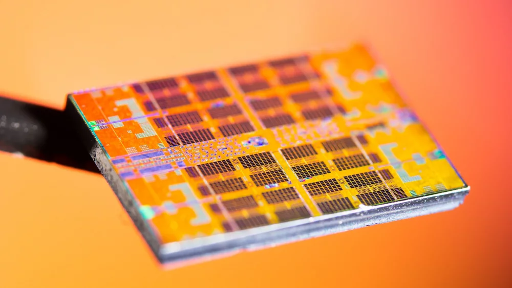 Processor die photographed under light