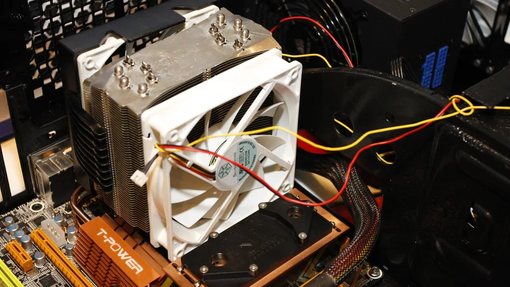 Tower CPU cooler installed on a motherboard