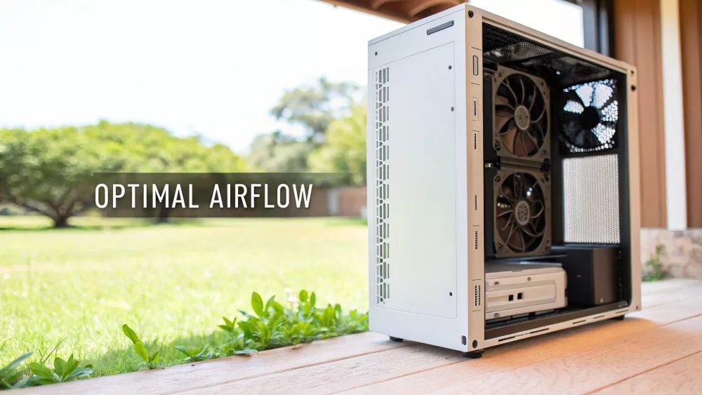 Balts micro ATX datora korpuss ar rūdīta stikla paneli, kas parāda iekšējos dzesēšanas ventilatorus un optimālu gaisa plūsmas dizainu